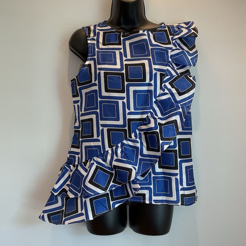Tyler Böe Ruffle Sleeveless Top Blue Multi Small Asymmetrical Blouse NEW‎ $156